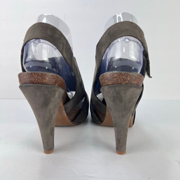 Nine West Ellis Leather Platform Wood Slingback Dark Gray/Taupe High Heels 8 - Picture 7 of 13